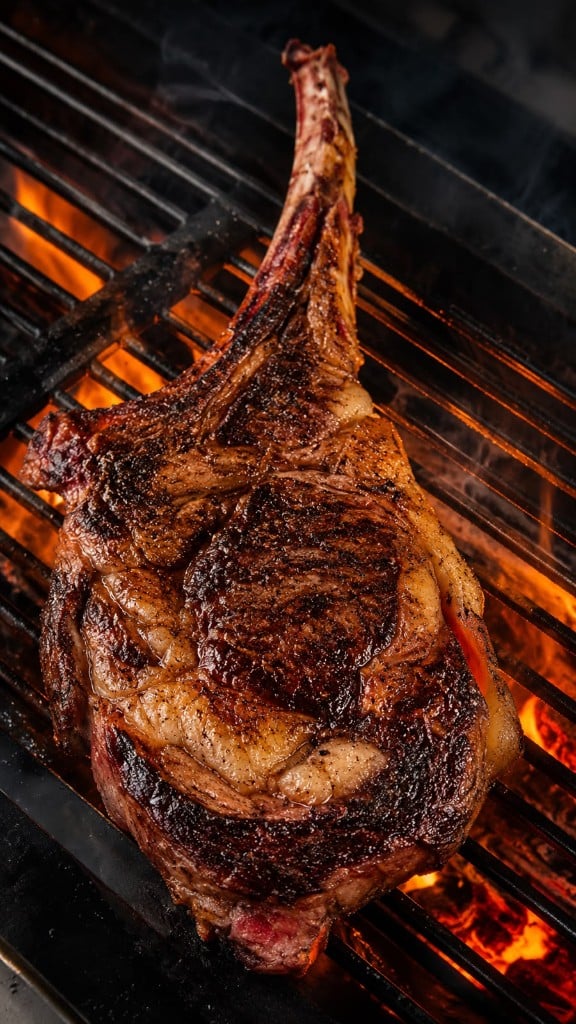 Une côte de bœuf tomahawk sur le grill, flammes vives en dessous